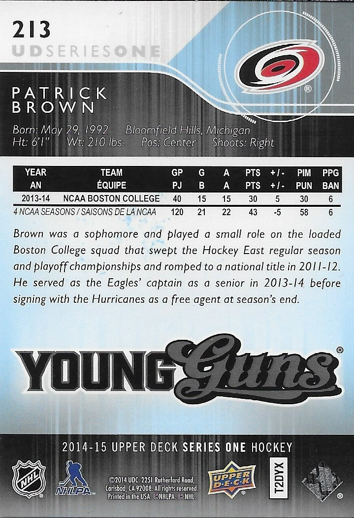 Signed Patrick Brown Young Guns 2014-15 UD Carolina Hurricanes Rookie Card