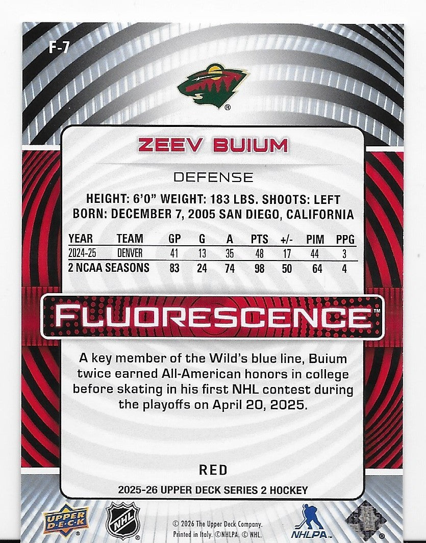 Zeev Buium Fluorescence Minnesota Wild Upper Deck S2 2025-26 Card F-7