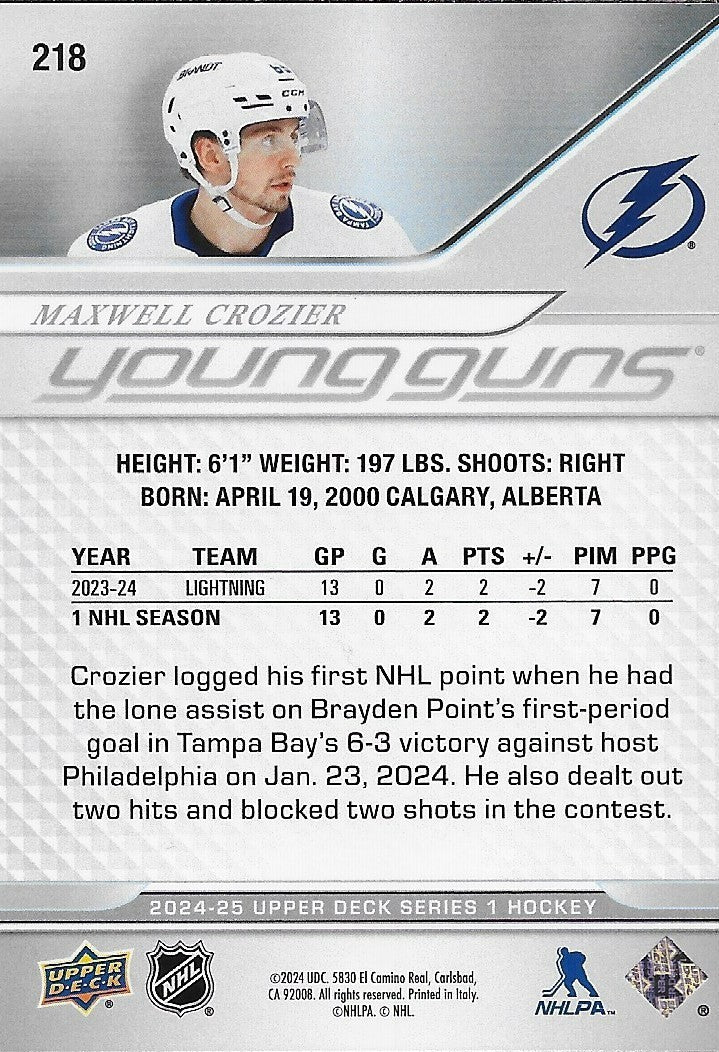 Signed Maxwell Crozier Young Guns 2024-25 UD Tampa Bay Lightning Rookie Card