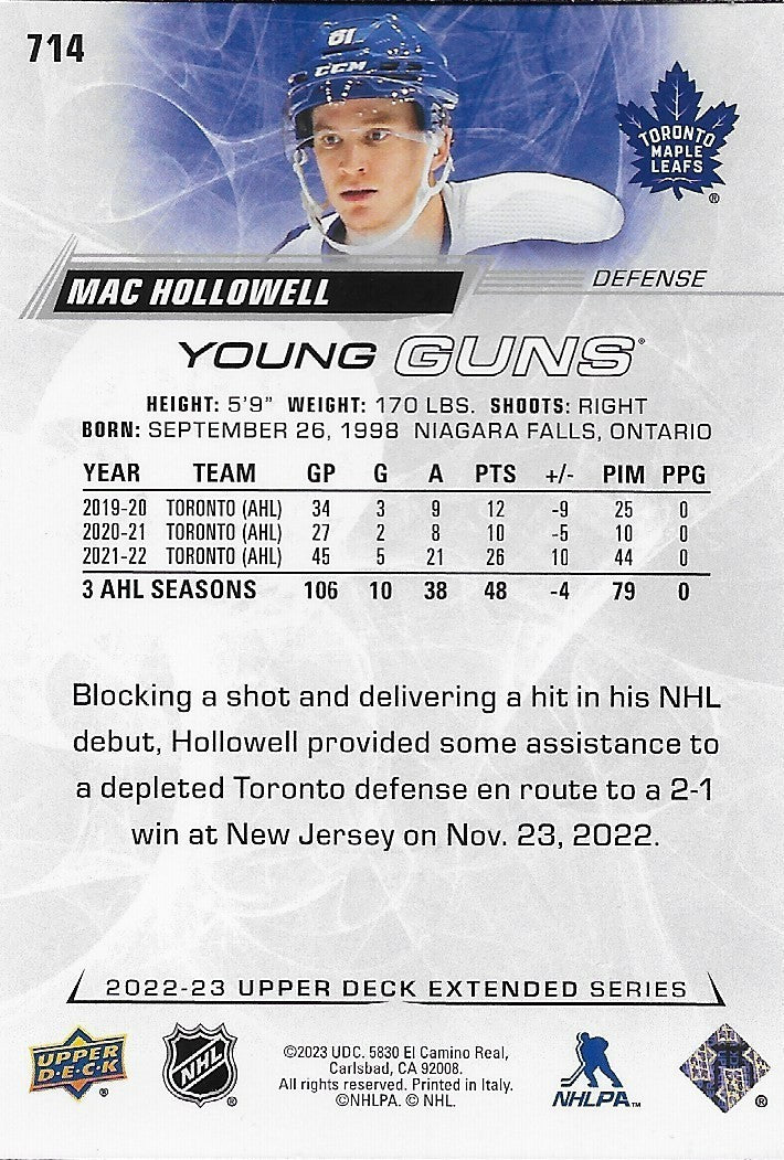 Signed Mac Hollowell Young Guns UD 22/23 Toronto Maple Leafs Rookie Crd Original