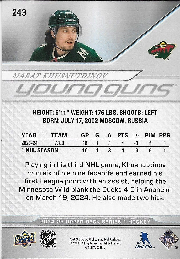 Signed Marat Khusnutdinov Young Guns 2024-25 UD Minnesota Wild Rookie Card