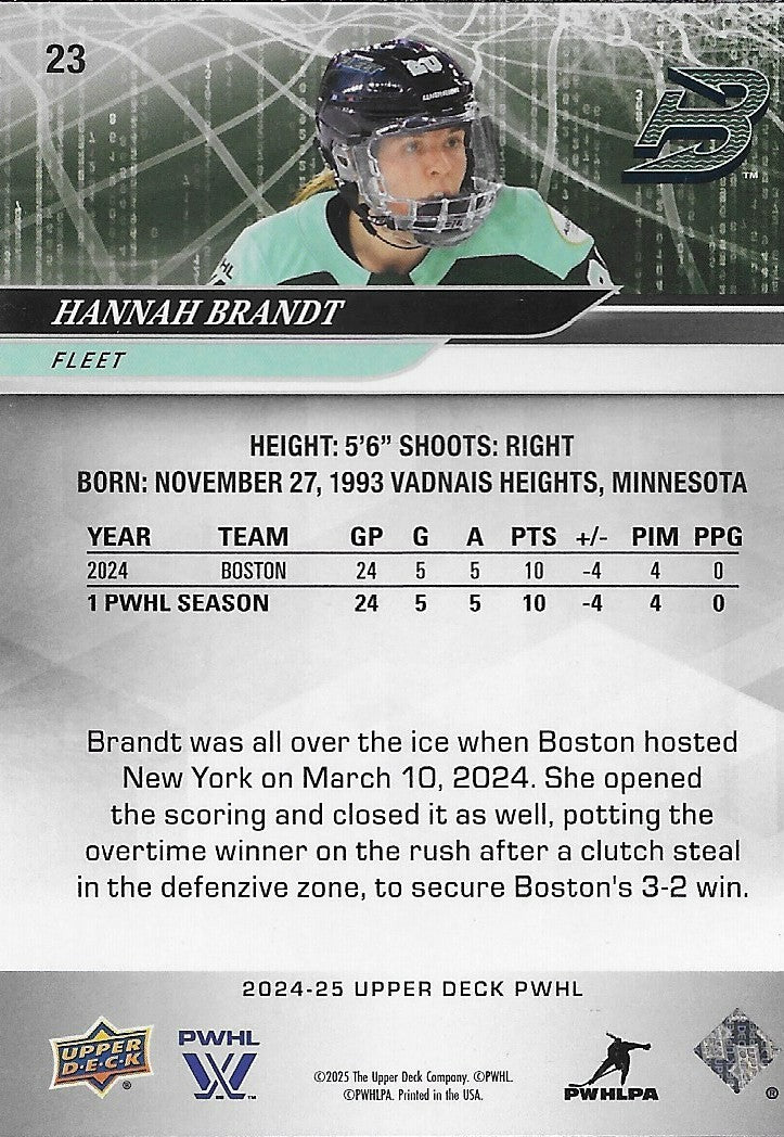 Signed Hannah Brandt PWHL 24/25 UD Boston Fleet Autographed Card #1 Original