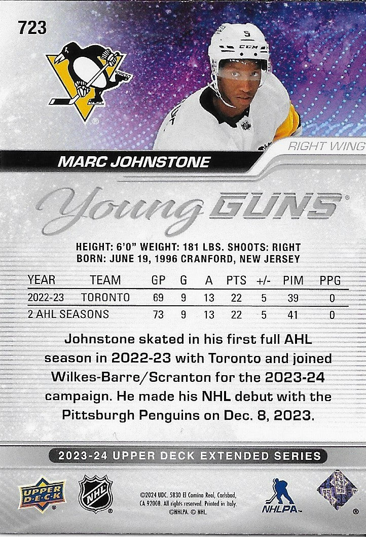 Signed Marc Johnstone 2023-24 UD Young Guns Pittsburgh Penguins Rookie Card