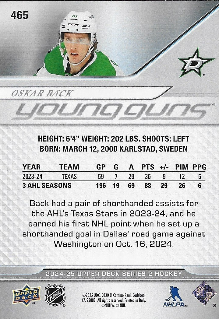 Signed Oskar Back Young Guns 2024-25 UD Dallas Stars Rookie Card