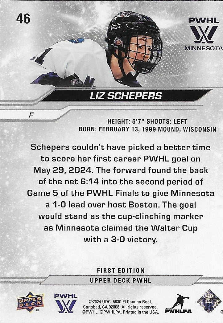 Signed Liz Schepers PWHL 2024 UD Minnesota Frost Autographed Card #1 Original