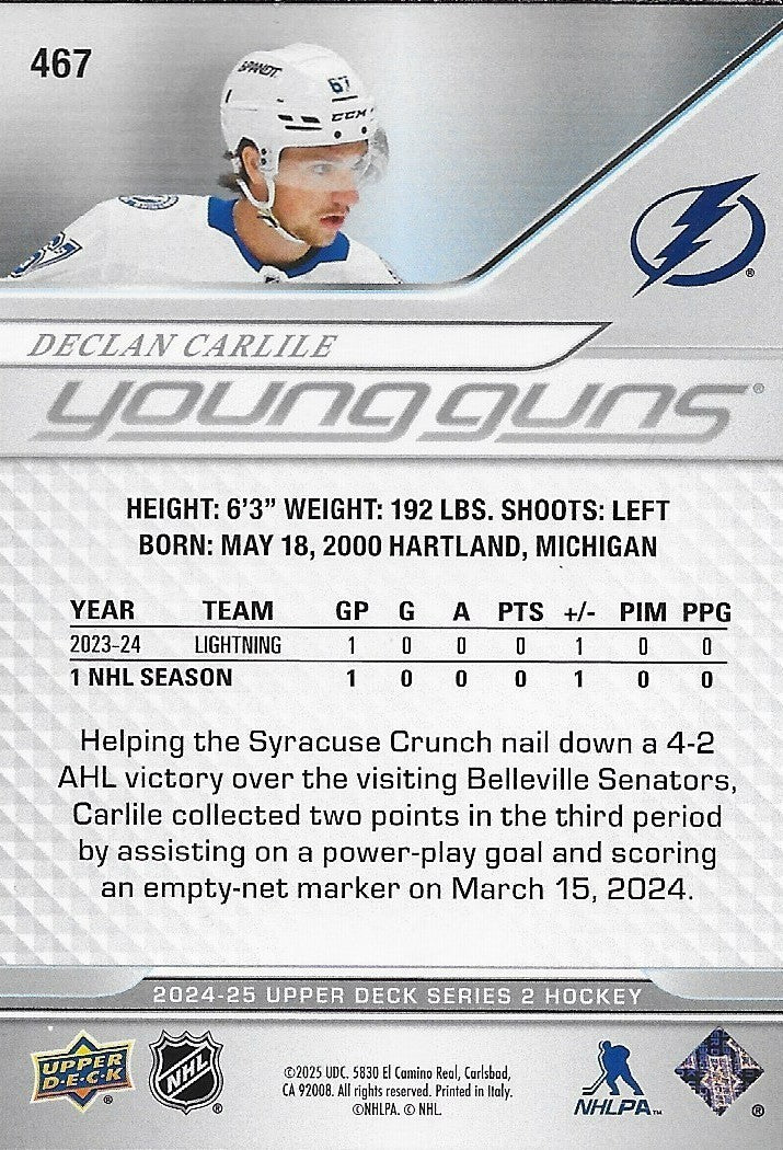 Signed Declan Carlile Young Guns 2024-25 UD Tampa Bay Lightning Rookie Card
