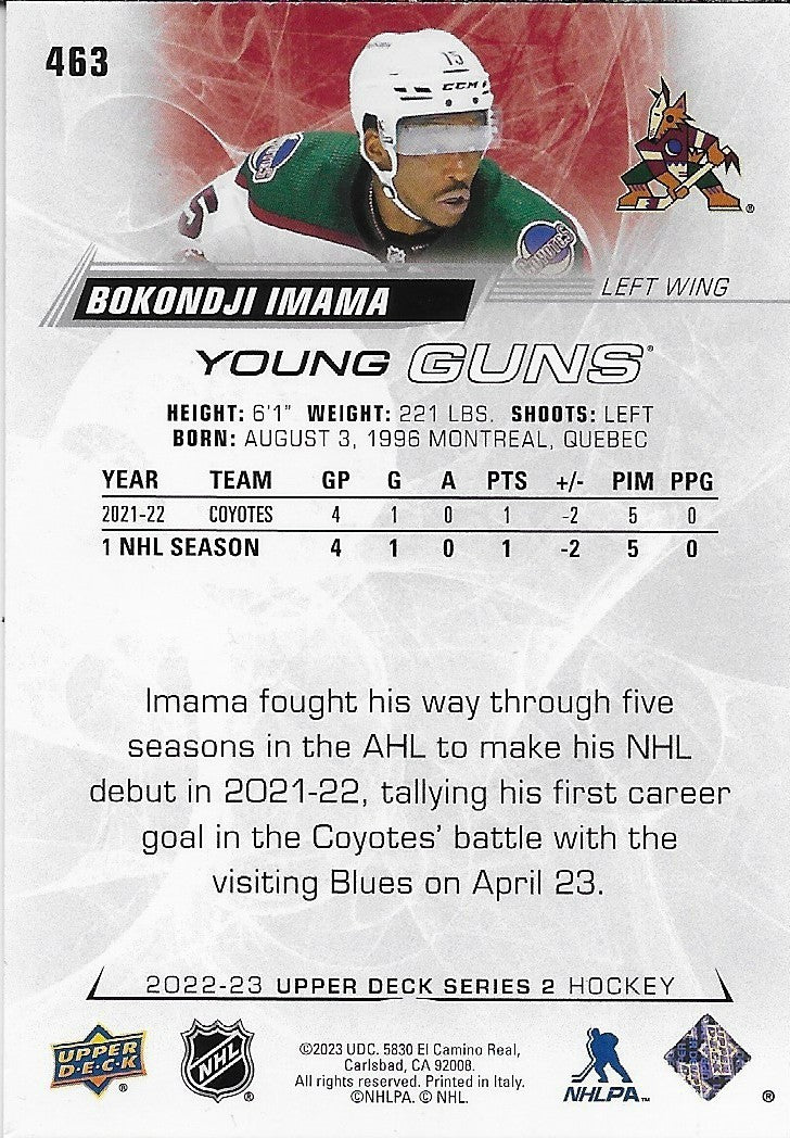 Signed Bokondji Imama Young Guns 2022-23 Upper Deck Arizona Coyotes Rookie Card