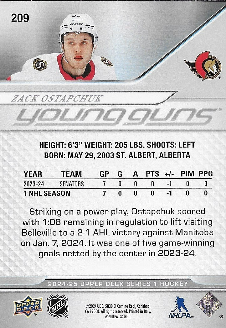 Signed Zack Ostapchuk Young Guns 2024-25 UD Ottawa Senators Rookie Card