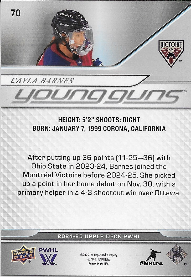 Signed Cayla Barnes 24-25 UD Young Guns PWHL Montreal Victoire Rookie Card