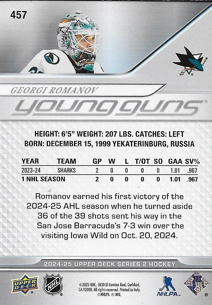 Signed Georgi Romanov Young Guns 2024-25 UD San Jose Sharks Rookie Card