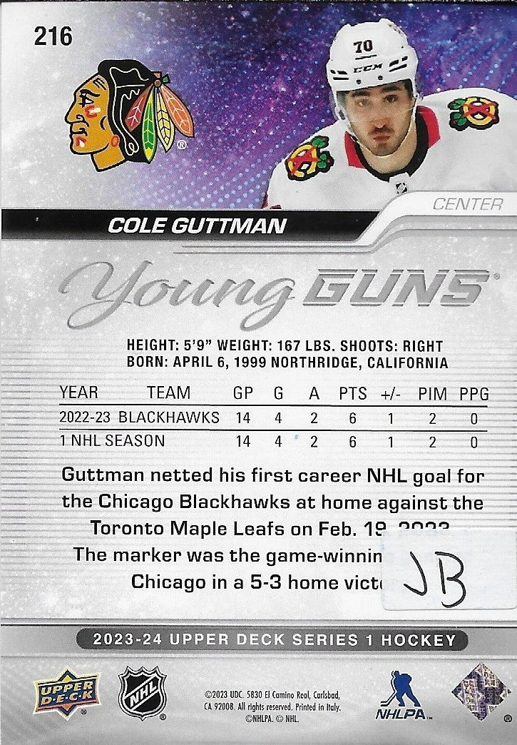 Signed Cole Guttman Young Guns 23-24 UD Chicago Blackhawks Rookie Card