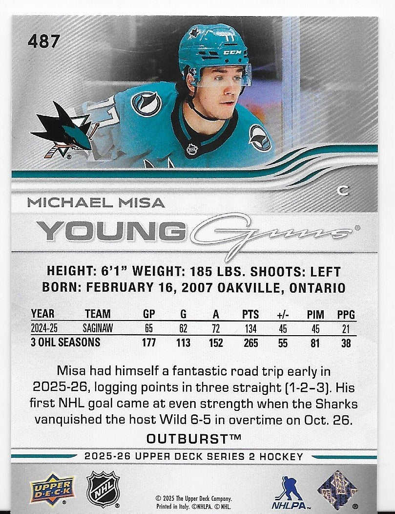 Michael Misa San Jose Sharks Young Guns Outburst UD S2 2025-26 Card # 487