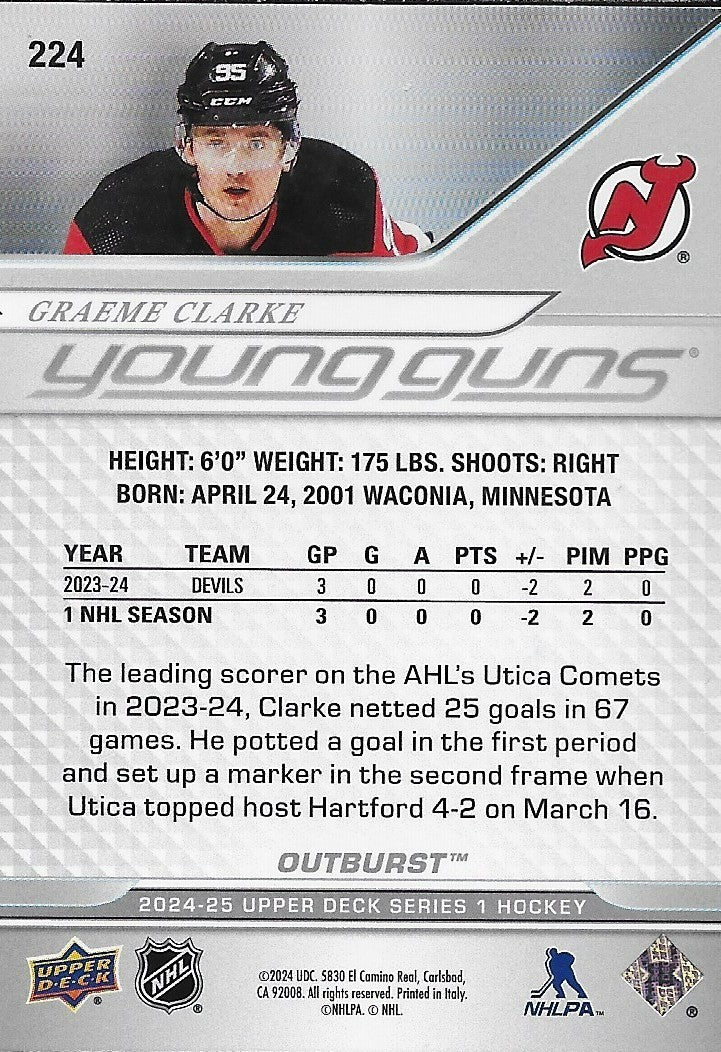 Signed Graeme Clarke Young Guns Outburst 24/25 UD New Jersey Devils Rookie Card