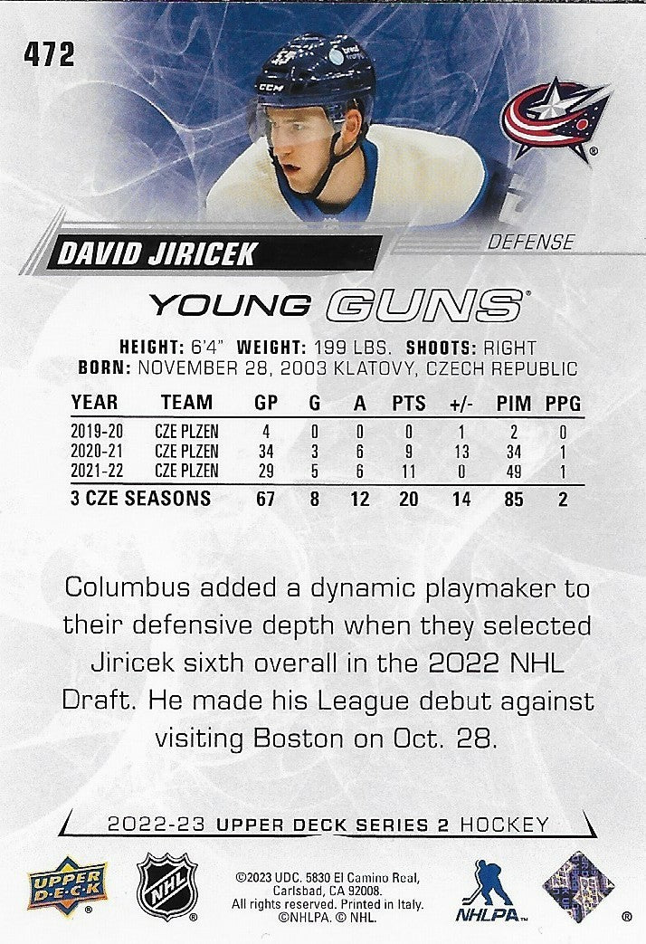 Signed David Jiricek Young Guns 22-23 UD Columbus Blue Jackets Rookie Card