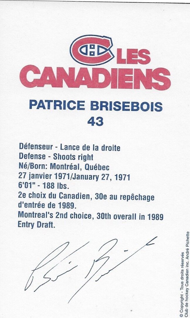 Autographed Patrice Brisbois Montreal Canadiens Postcard Original