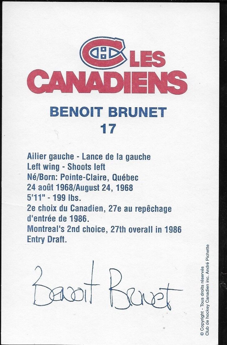 Autographed Benoit Brunet Montreal Canadiens Postcard Original