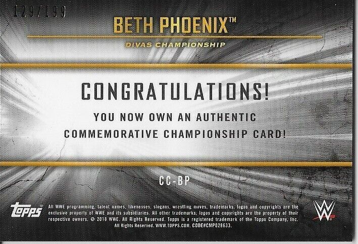 2018 Topps Wrestling WWE Championship Beth Phoenix Insert # CC-BP Card 129/199