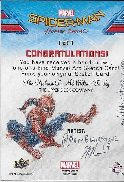 2017 Marvel Spider-Man Homecoming Artist Sketch By Matt Blairstone Card 1/1