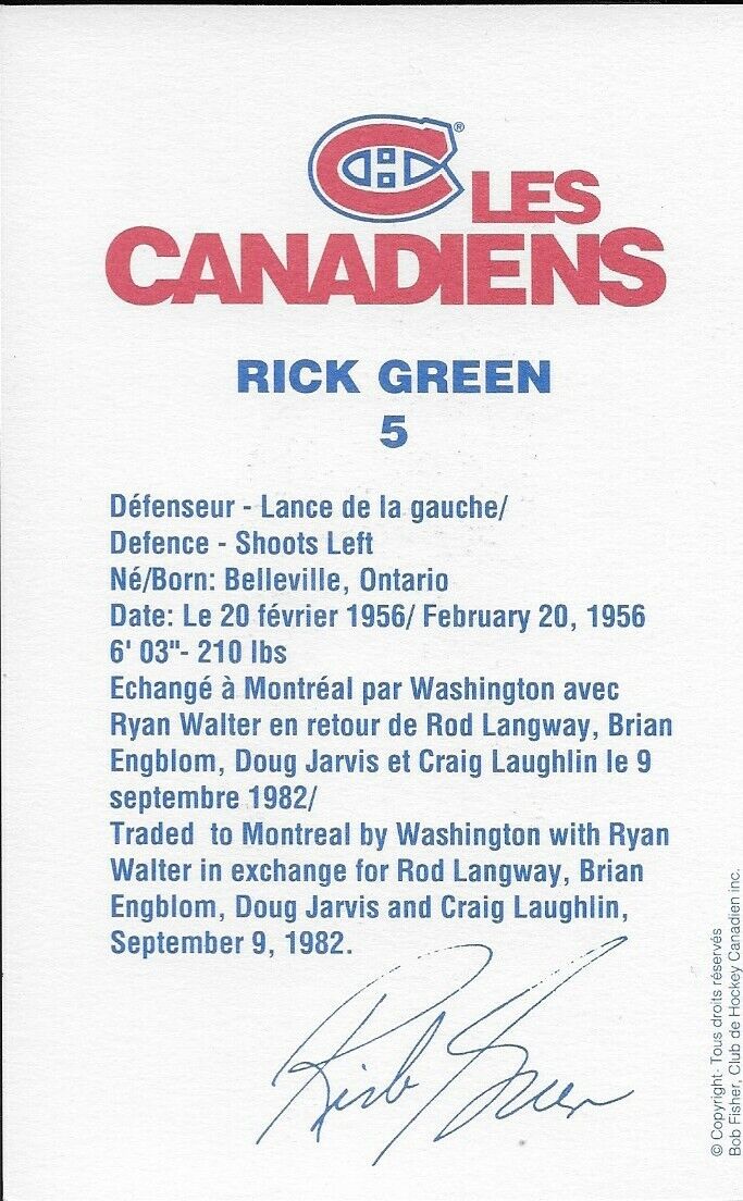 Autographed Rick Green Montreal Canadiens Postcard Original
