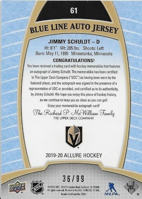 2019-20 Upper Deck Allure Jimmy Schuldt Rookie Autographed Jersey Relic 36/99