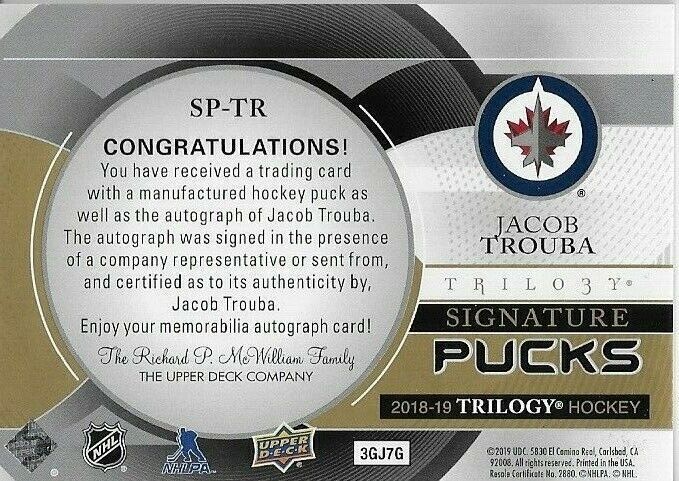 Rondelle autographiée Upper Deck Trilogy 2019-20 de Jacob Truba