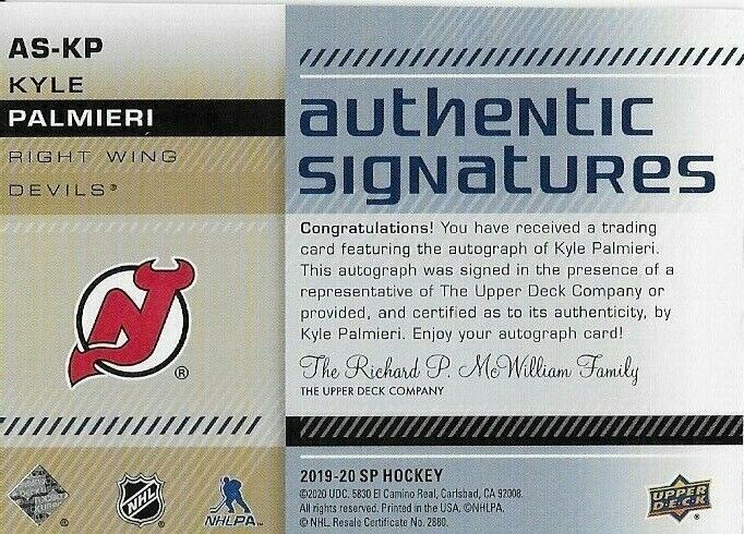 2019-20 Upper Deck SP Kyle Palmieri Autographed Authentic Signatures