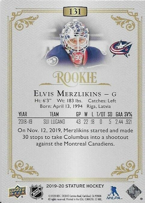 2019-20 Upper Deck Stature Elvis Merzlikins Rookie card 97/399