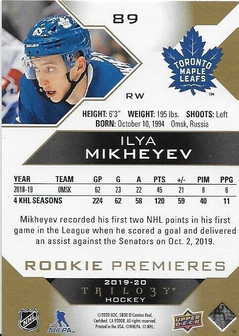 2019-20 Upper Deck Trilogy Ilya Mikheyev Rookie Premieres 126/499