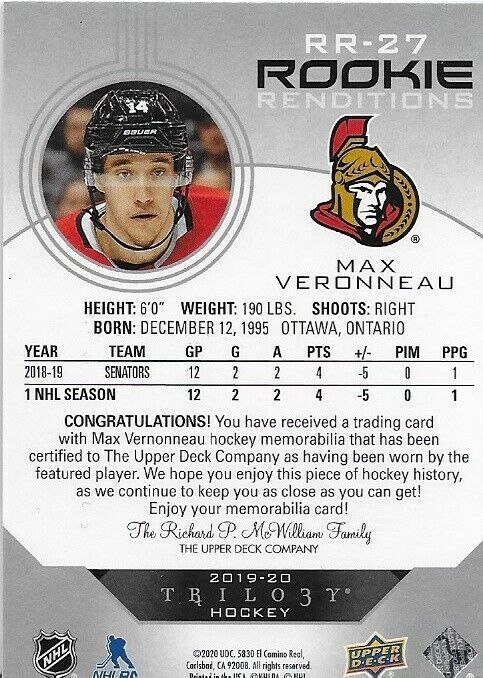 Maillot de la Trilogie Upper Deck 2019-20 de Max Veronneau, rendus des recrues parallèles