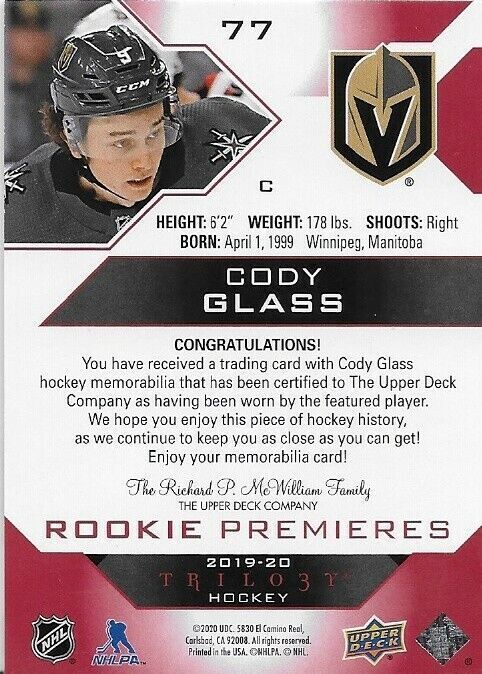 2019-20 Upper Deck Trilogy Cody Glass Rookie Premieres jersey Level 1 476/499