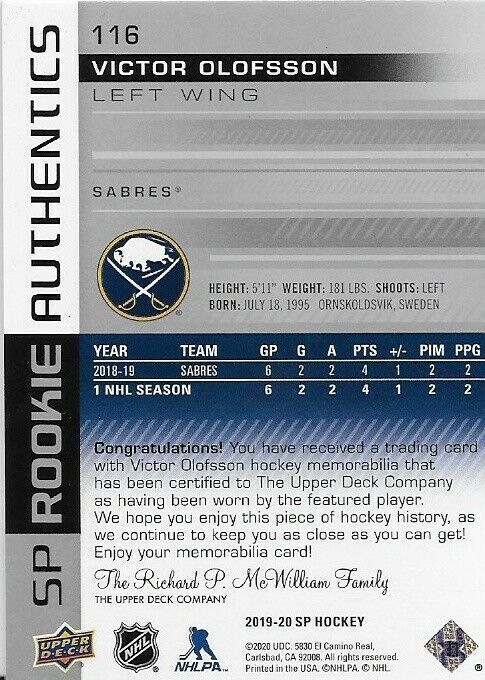 2019-20 Upper Deck SP Victor Olofsson Rookie Authentics jersey