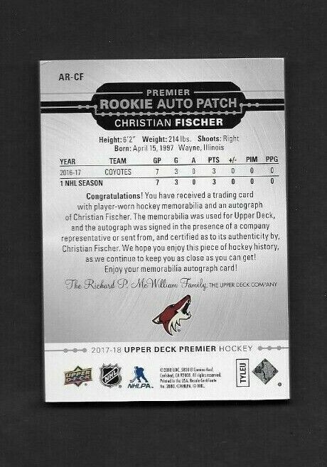 2017-18 Upper Deck Premier Christian Fischer Rookie Auto Patch Card 75/199
