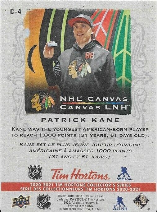 Carte à insérer Patrick Kane en toile Tim Horton's NHL 2020-21 UD