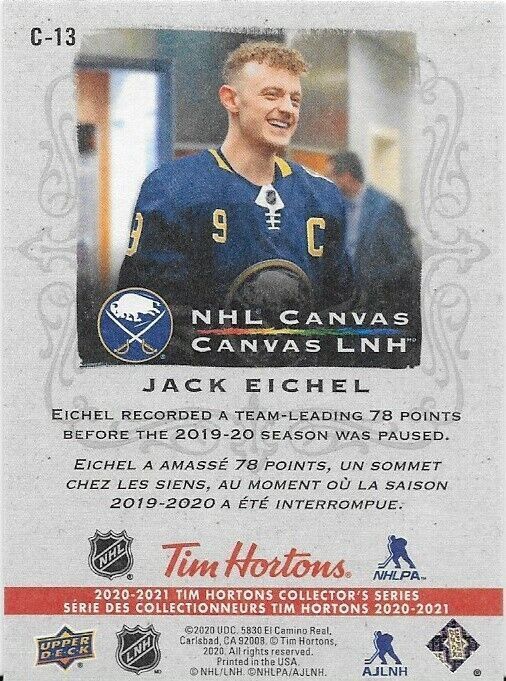 Carte d'insertion Jack Eichel en toile Tim Horton's NHL 2020-21 UD