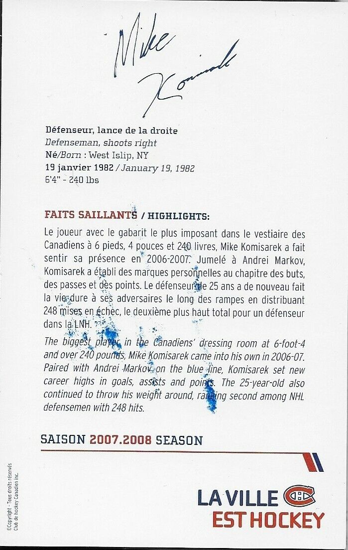Autographed Mike Komisarek Montreal Canadiens Postcard 2007-08 Original