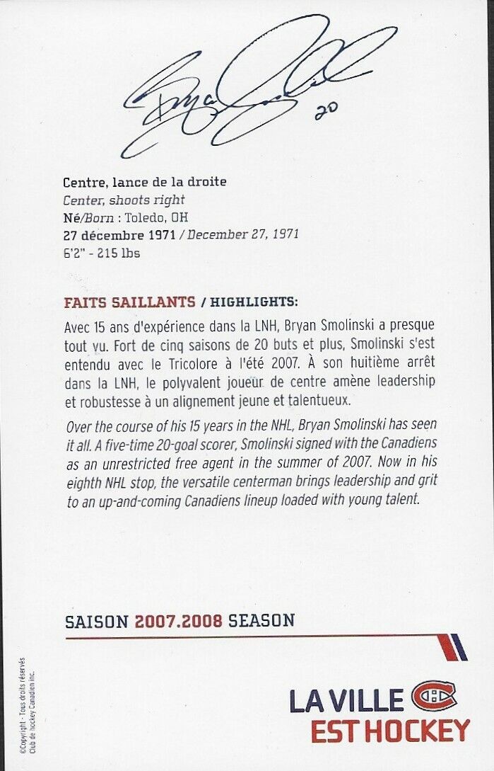 Autographed Bryan Smolinski Montreal Canadiens Postcard 2007-08 Original