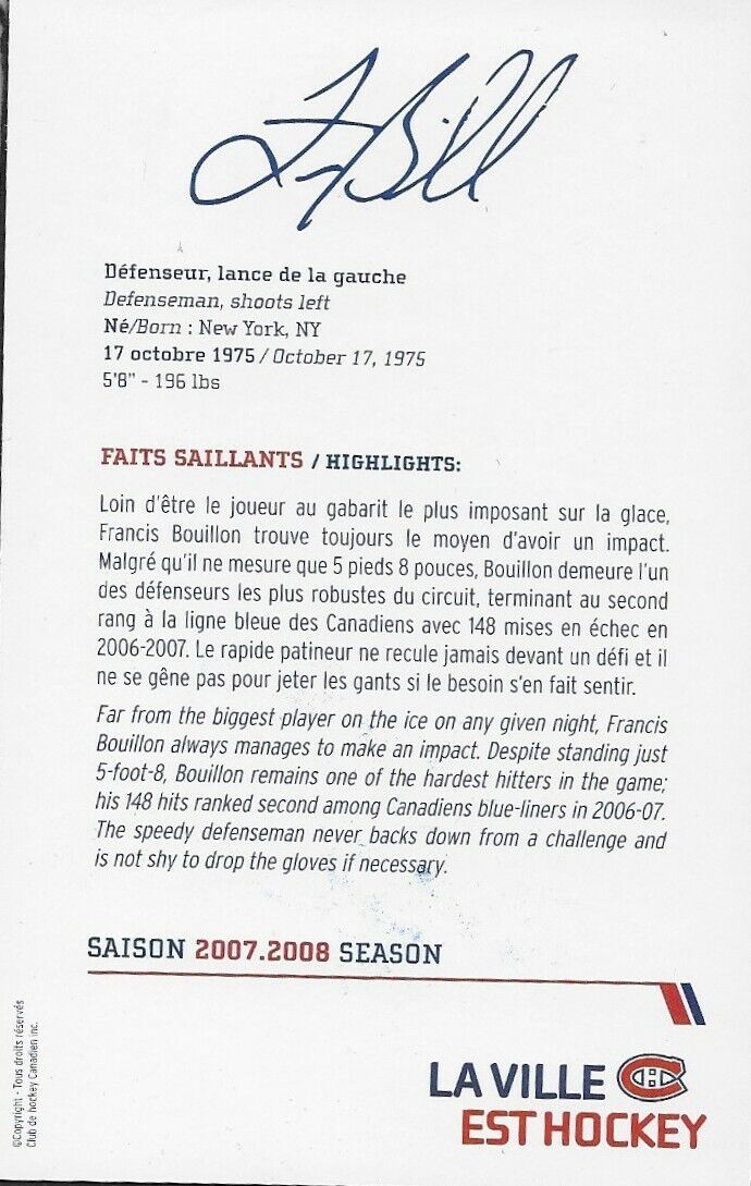 Autographed Francis Bouillon Montreal Canadiens Postcard 2007-08 Original