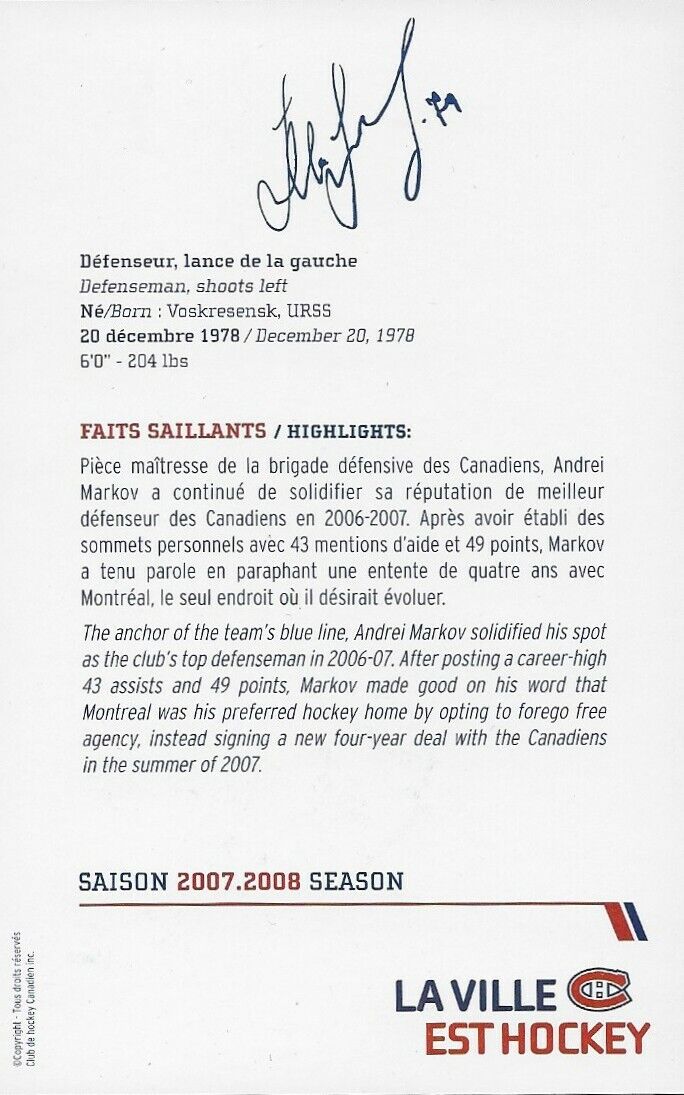 Autographed Andrei Markov Montreal Canadiens Postcard 2007-08 Original