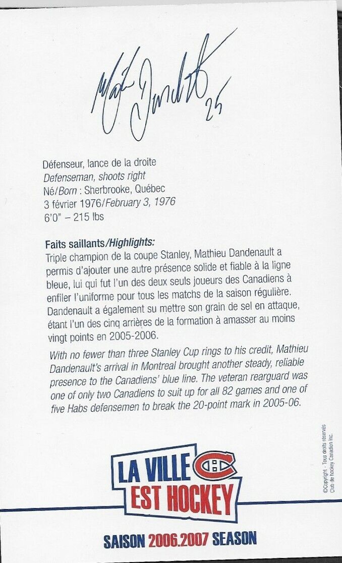 Autographed Mathieu Dandenault Montreal Canadiens Postcard 2006-07 Original