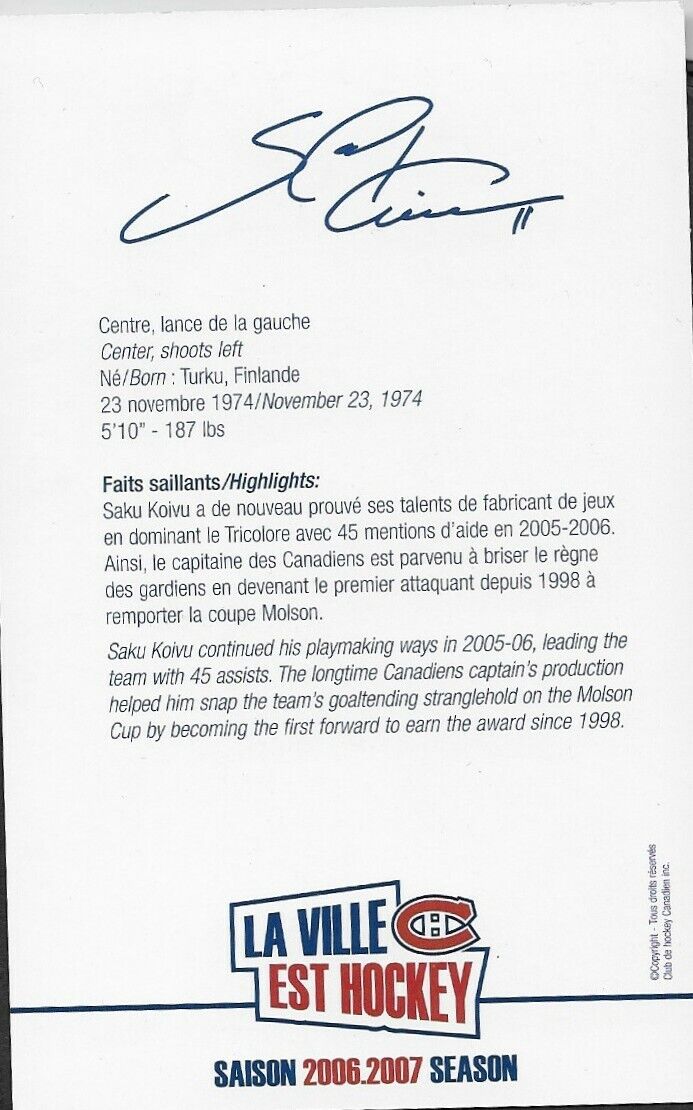 Autographed Saku Koivu Montreal Canadiens Postcard 2006-07 Original