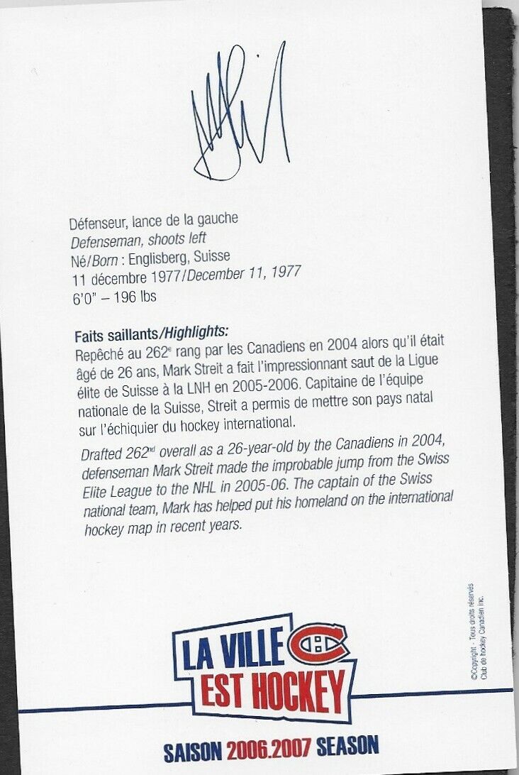 Autographed Mark Streit Montreal Canadiens Postcard 2006-07 Original