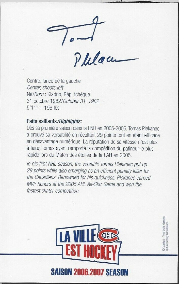 Autographed Tomas Plekanec Montreal Canadiens Postcard 2006-07 Original