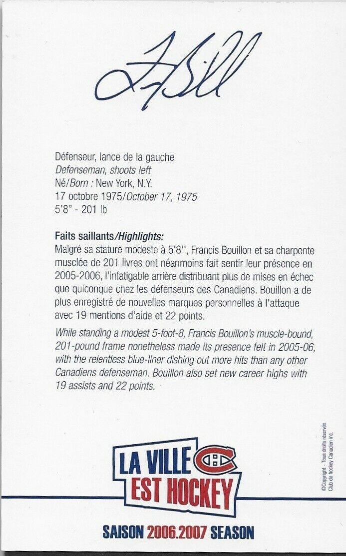 Autographed Francis Bouillon Montreal Canadiens Postcard 2006-07 Original