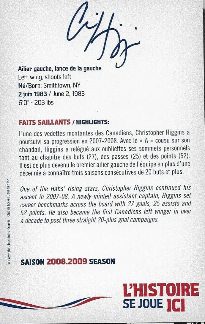 Auto. Chris Christopher Higgins Montreal Canadiens Postcard 2008-09 Original