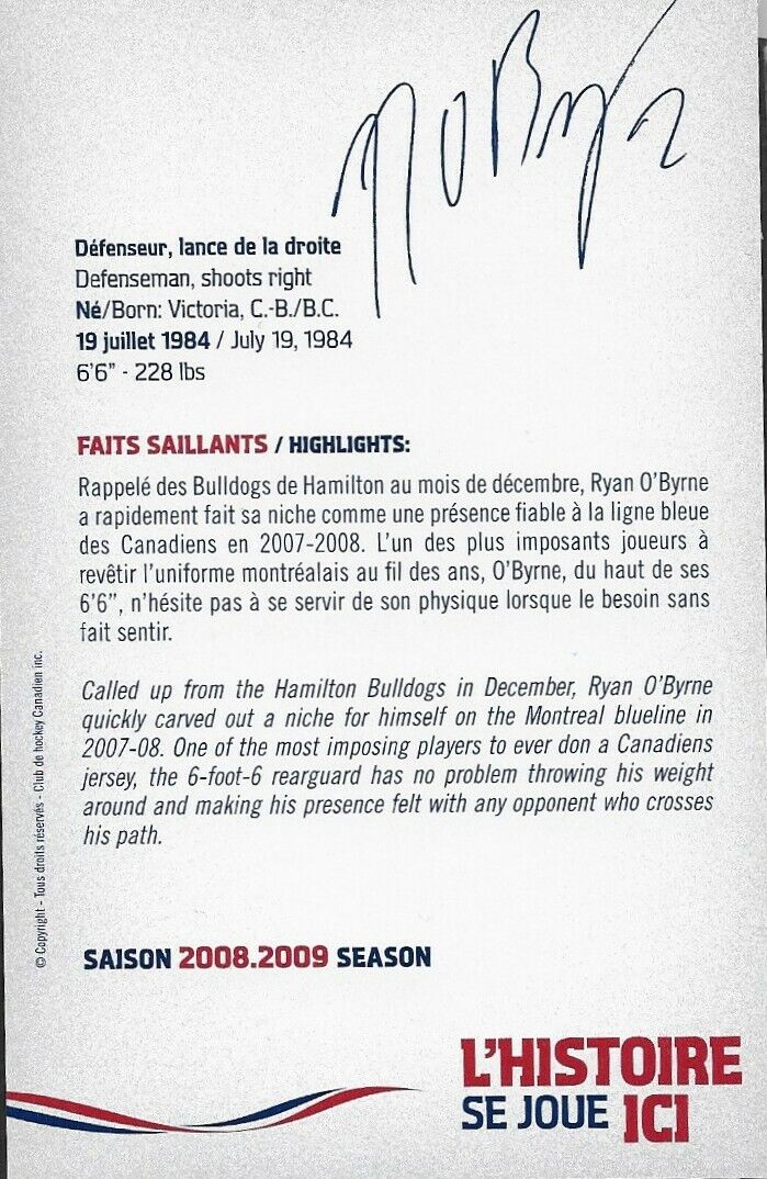 Carte postale originale autographiée par Ryan O'Byrne des Canadiens de Montréal 2008-09