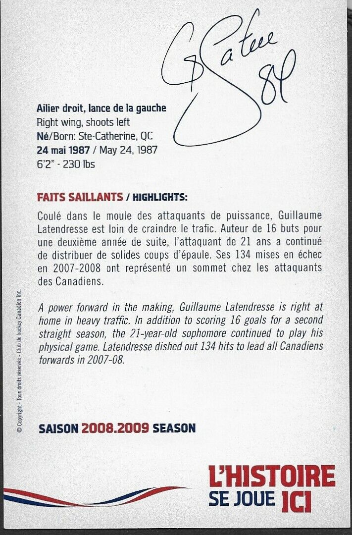 Autographed Guillaume Latendresse Montreal Canadiens Postcard 2008-09 Original