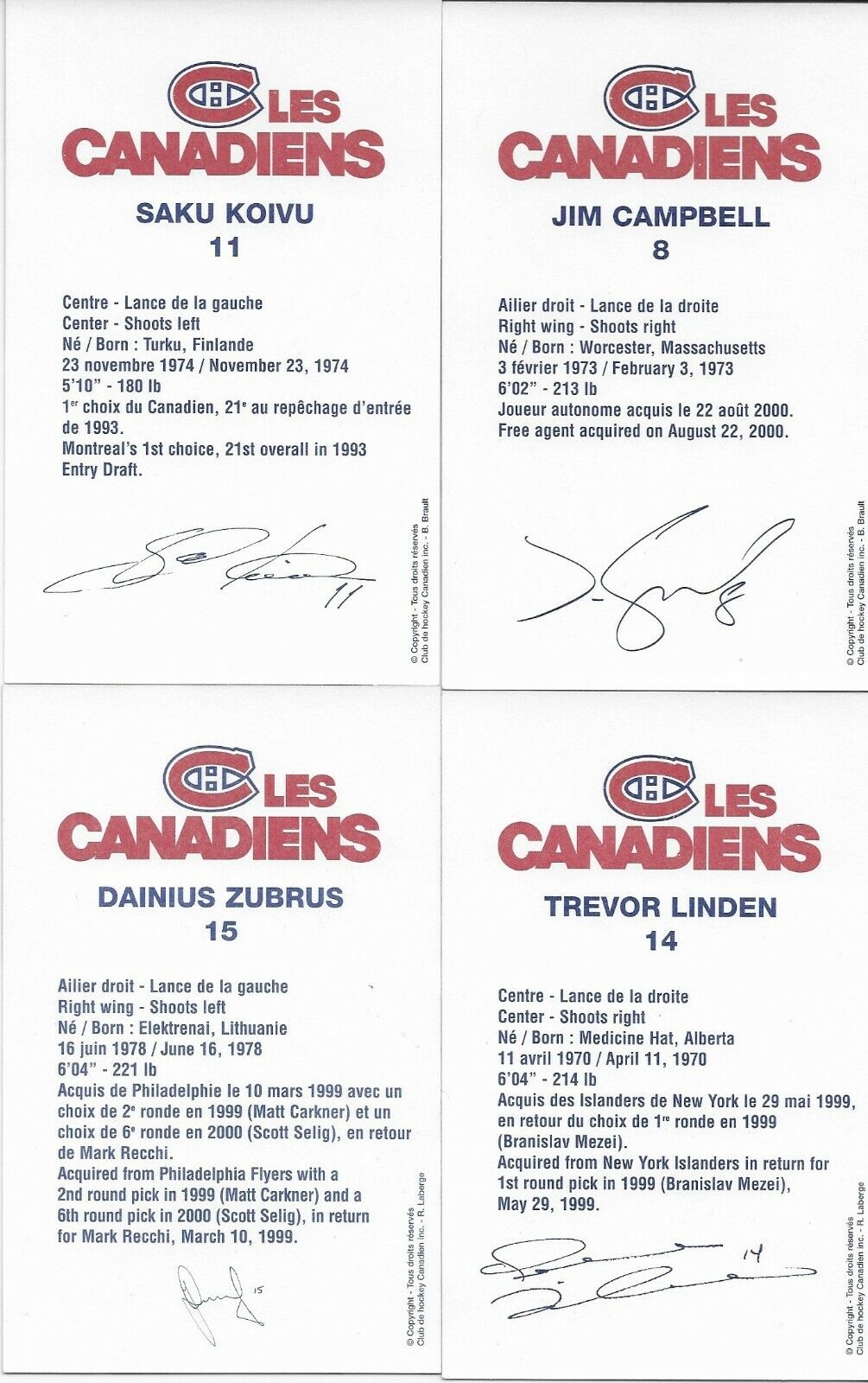 30 Auto. Koivu Garon Linden Montreal Canadiens Postcard Set 2000-01 Original +4