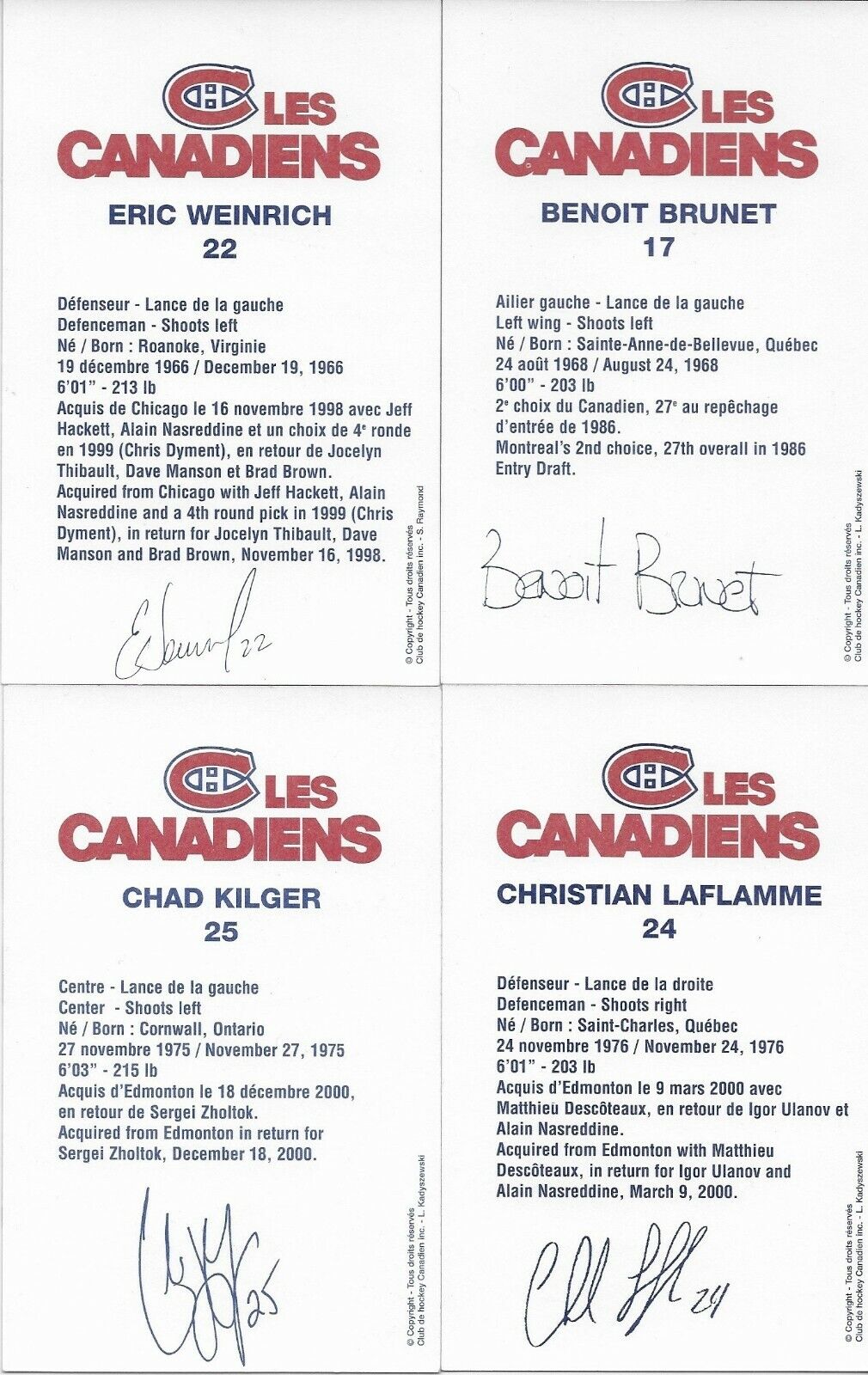 30 Auto. Koivu Garon Linden Montreal Canadiens Postcard Set 2000-01 Original +4