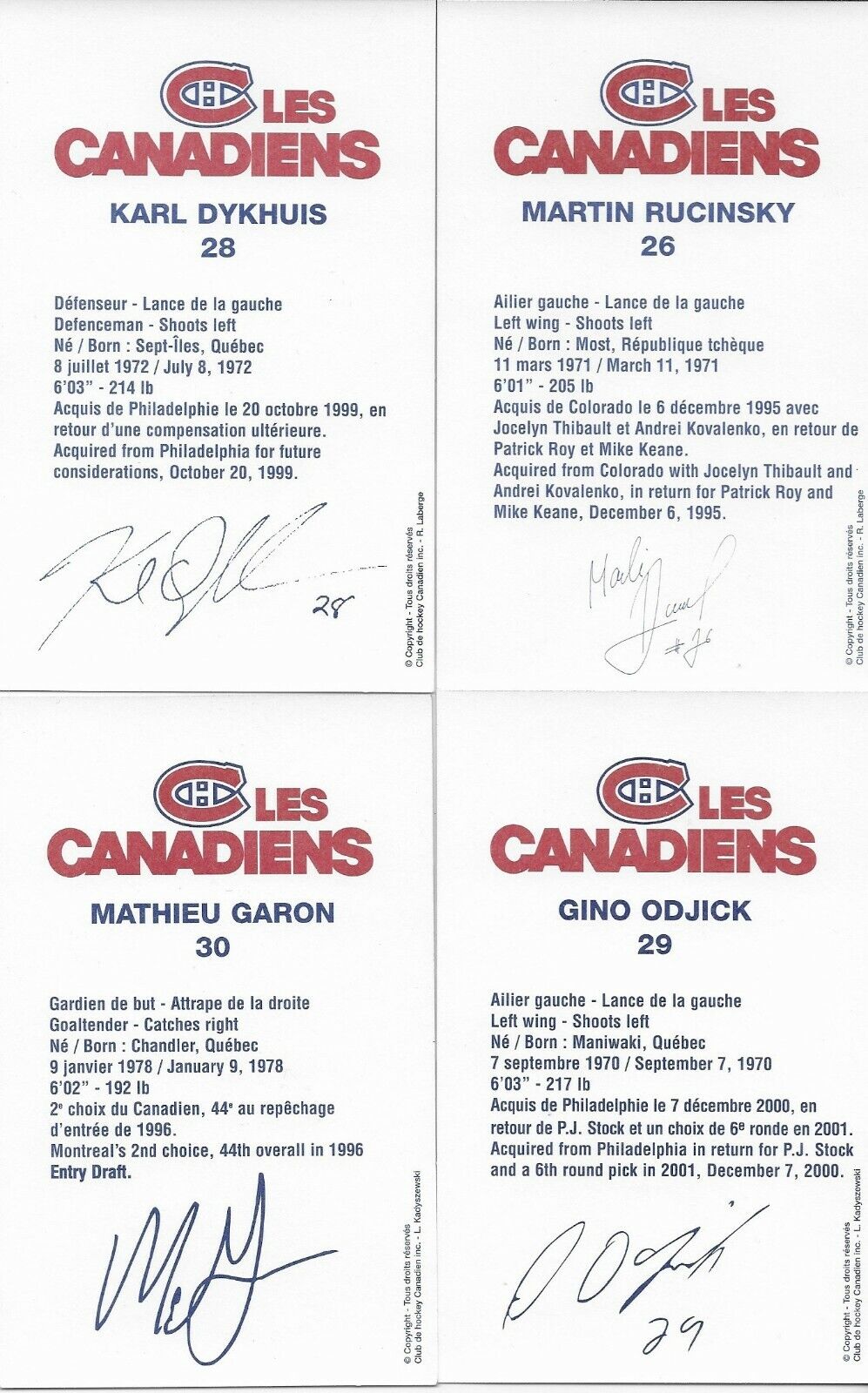 30 Auto. Koivu Garon Linden Montreal Canadiens Postcard Set 2000-01 Original +4