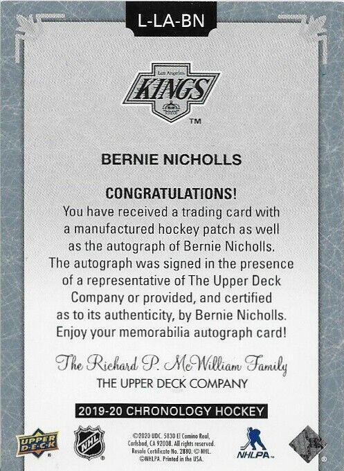 Chronologie Upper Deck 2020 Bernie Nicholls Autographié Letterman 14/25